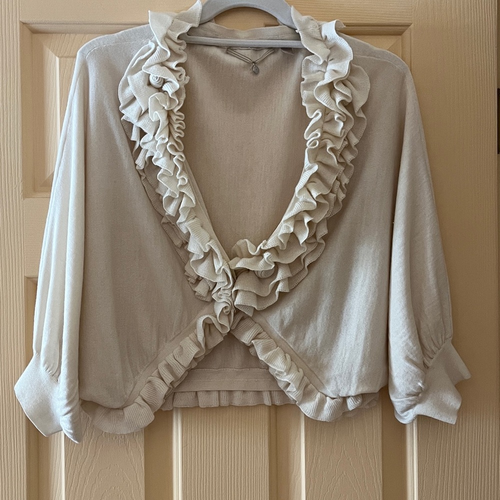 Anthropologie Cream Ruffled Shrug